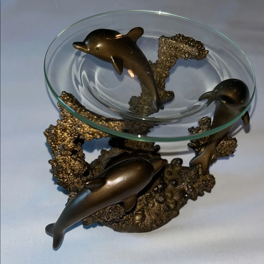PartyLite Bronze 3 Dolphin Oil Wax Melt Scent Aroma Candle Holder (RETIRED)